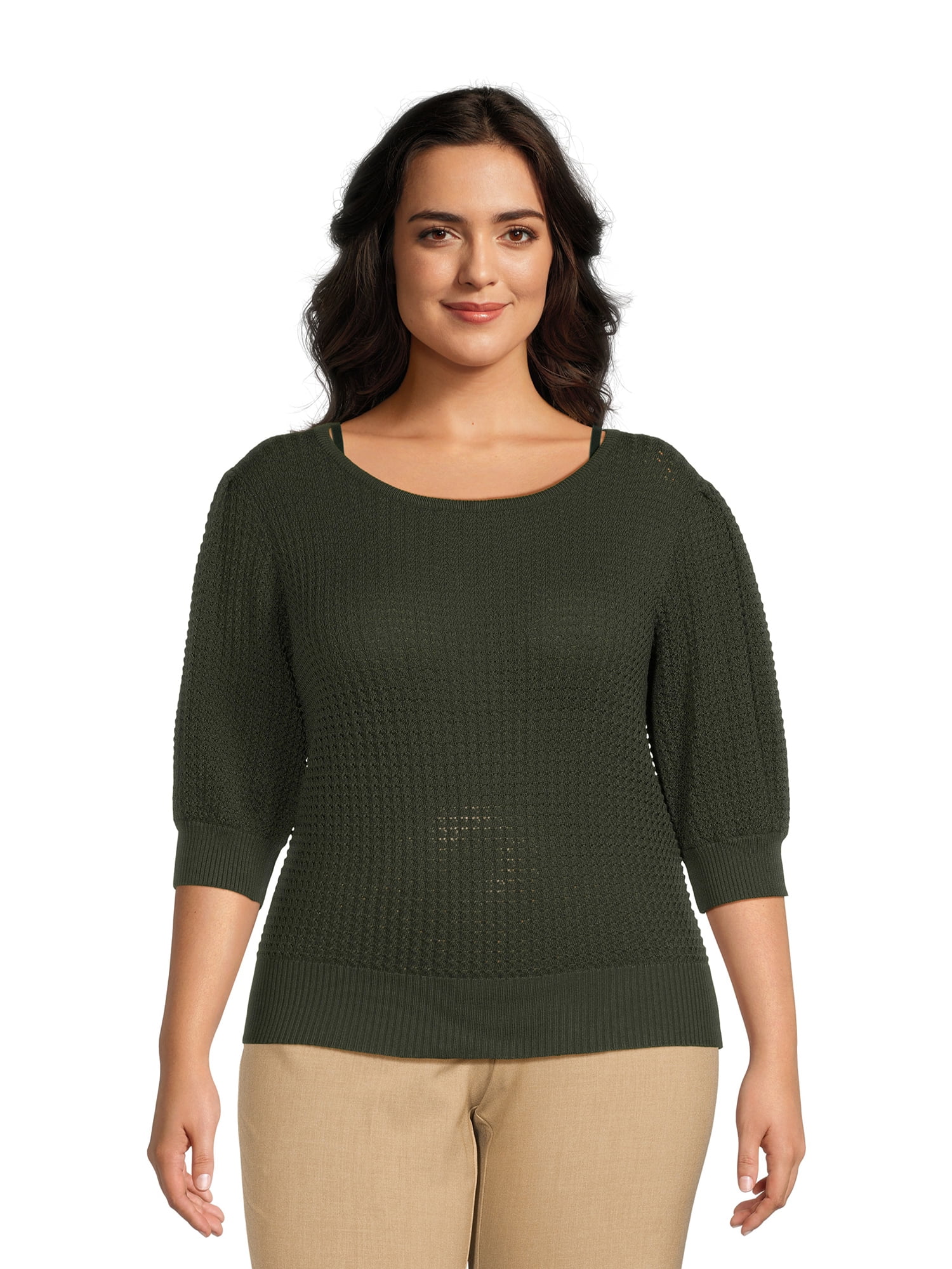 Terra And Sky Women S Plus Size Textured Sweater With Puff Sleeves Midweight