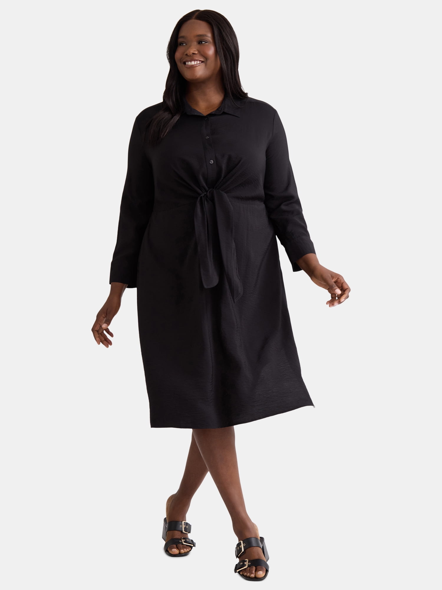 Terra & Sky Women's Plus Size Tie Front Shirt Dress 0X-4X