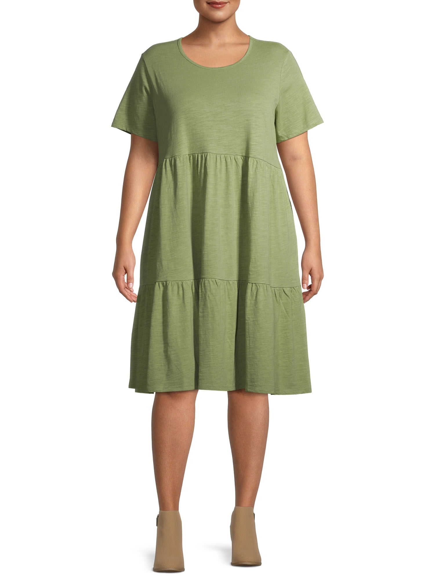 Terra & Sky Plus Size Printed Knit Midi Tiered Dress 