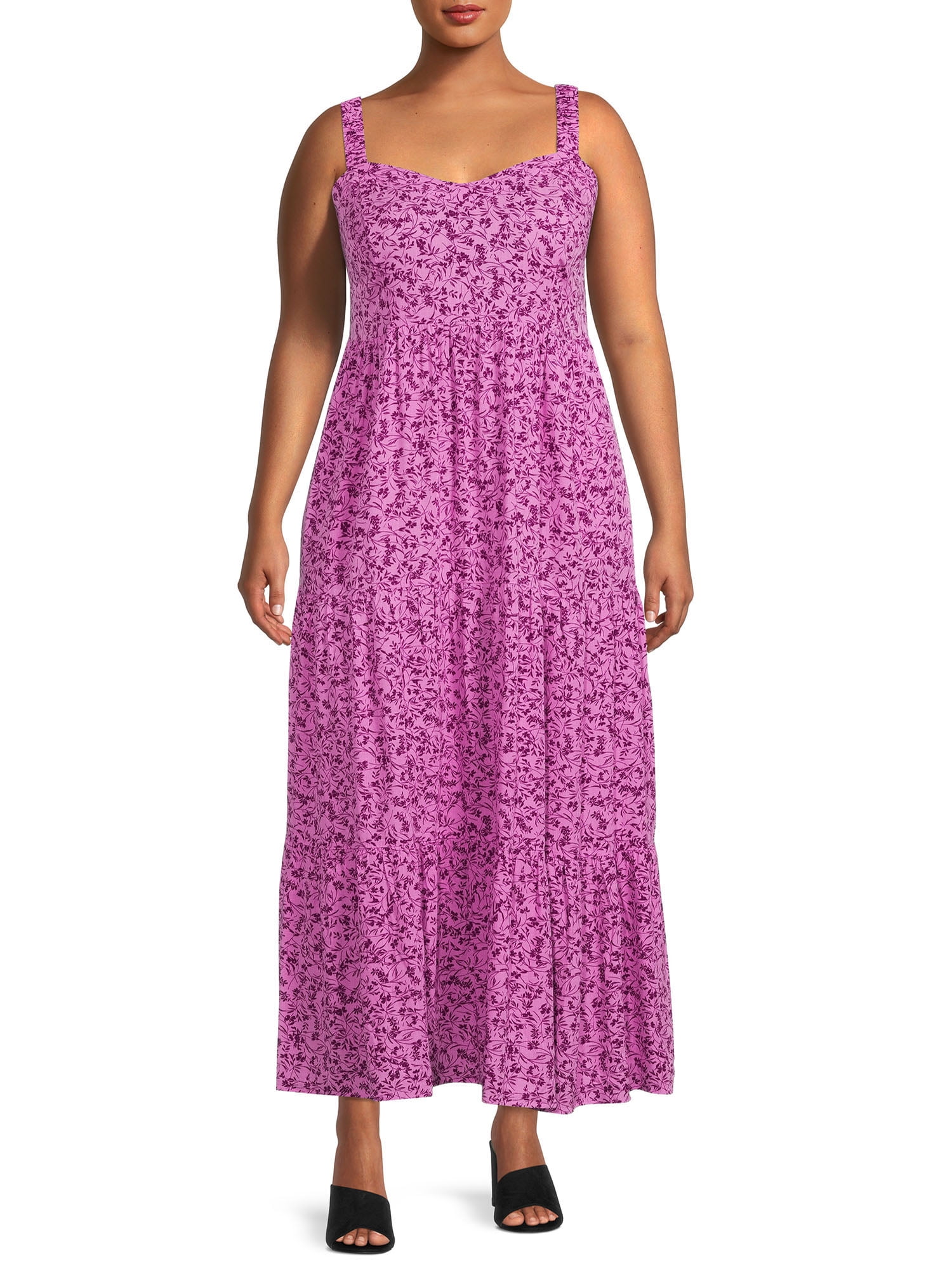 Terra & Sky Women's Plus Size Tiered Midi Dress (OX, Black Tropical) at   Women's Clothing store