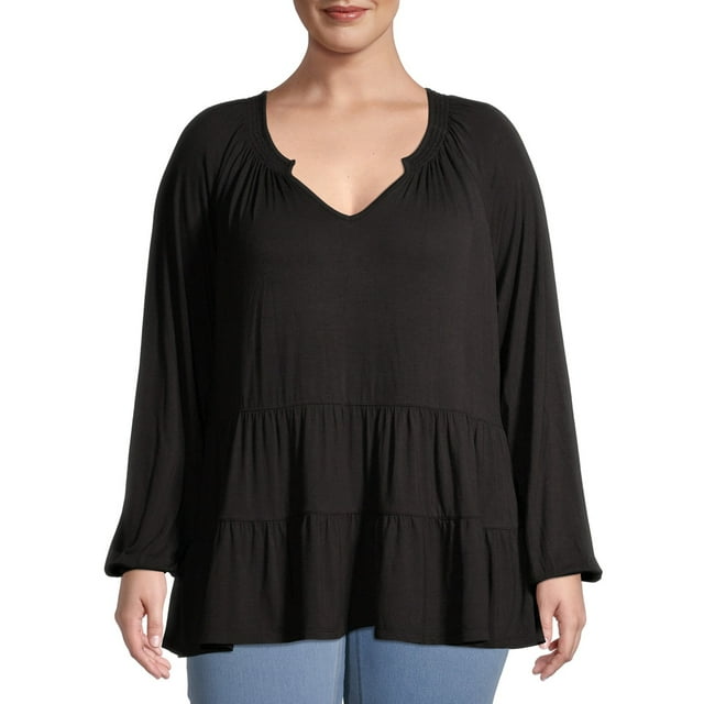 Terra & Sky Women's Plus Size Tiered Peasant Top with Long Sleeves ...