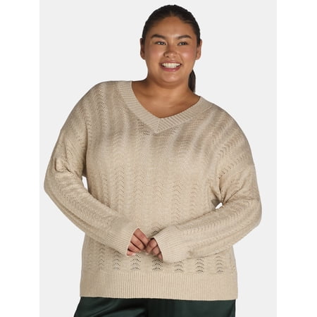 Terra & Sky Women's Plus Size V-Neck Lurex Pointelle Pullover Sweater, Sizes 0X-5X