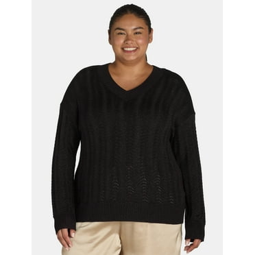 Terra & Sky Women's Plus Size V-Neck Lurex Pointelle Pullover Sweater, Sizes 0X-5X