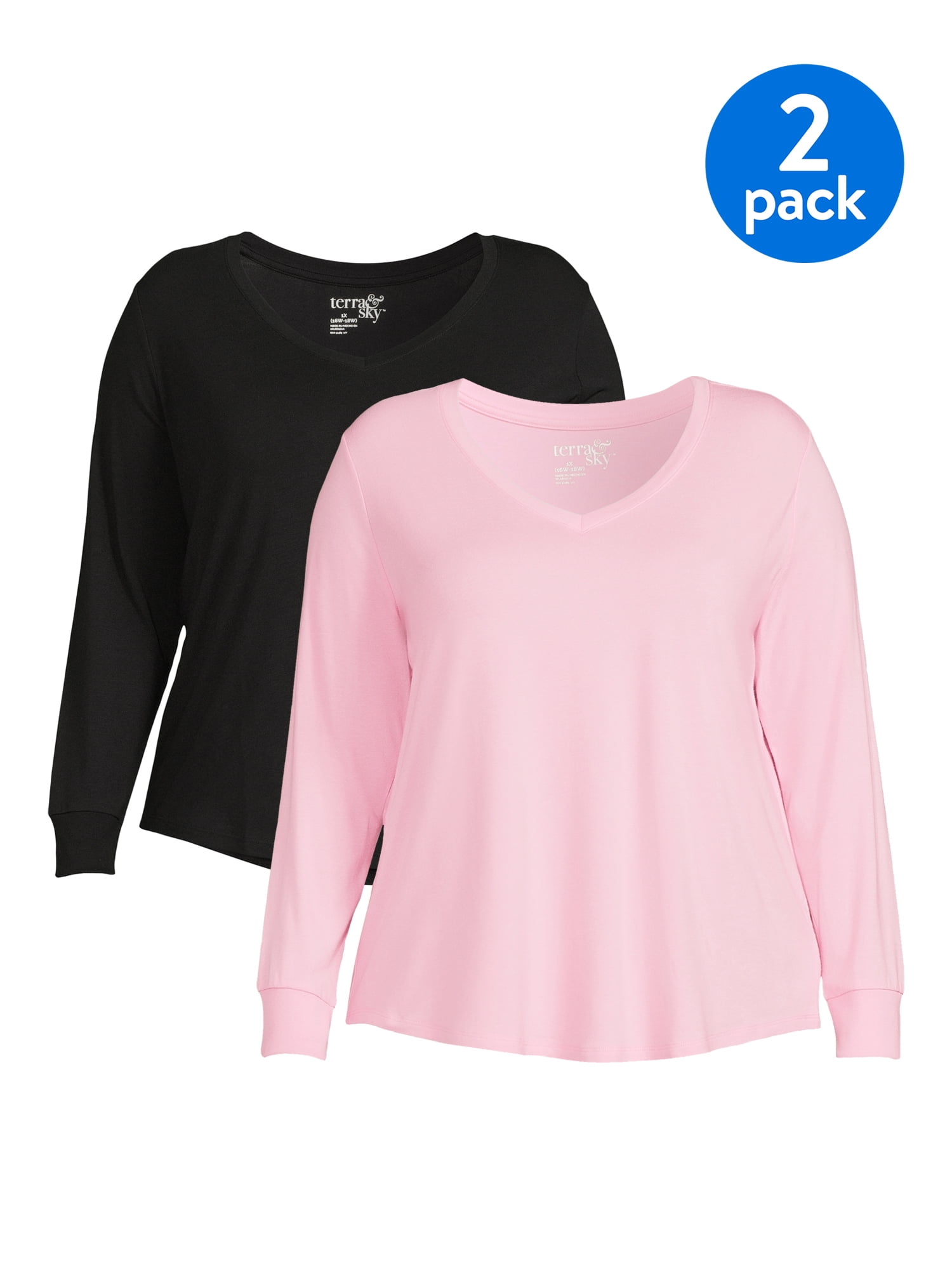 Terra & Sky Women's Plus Size V-Neck T-Shirt with Short Sleeves, 2-Pack 