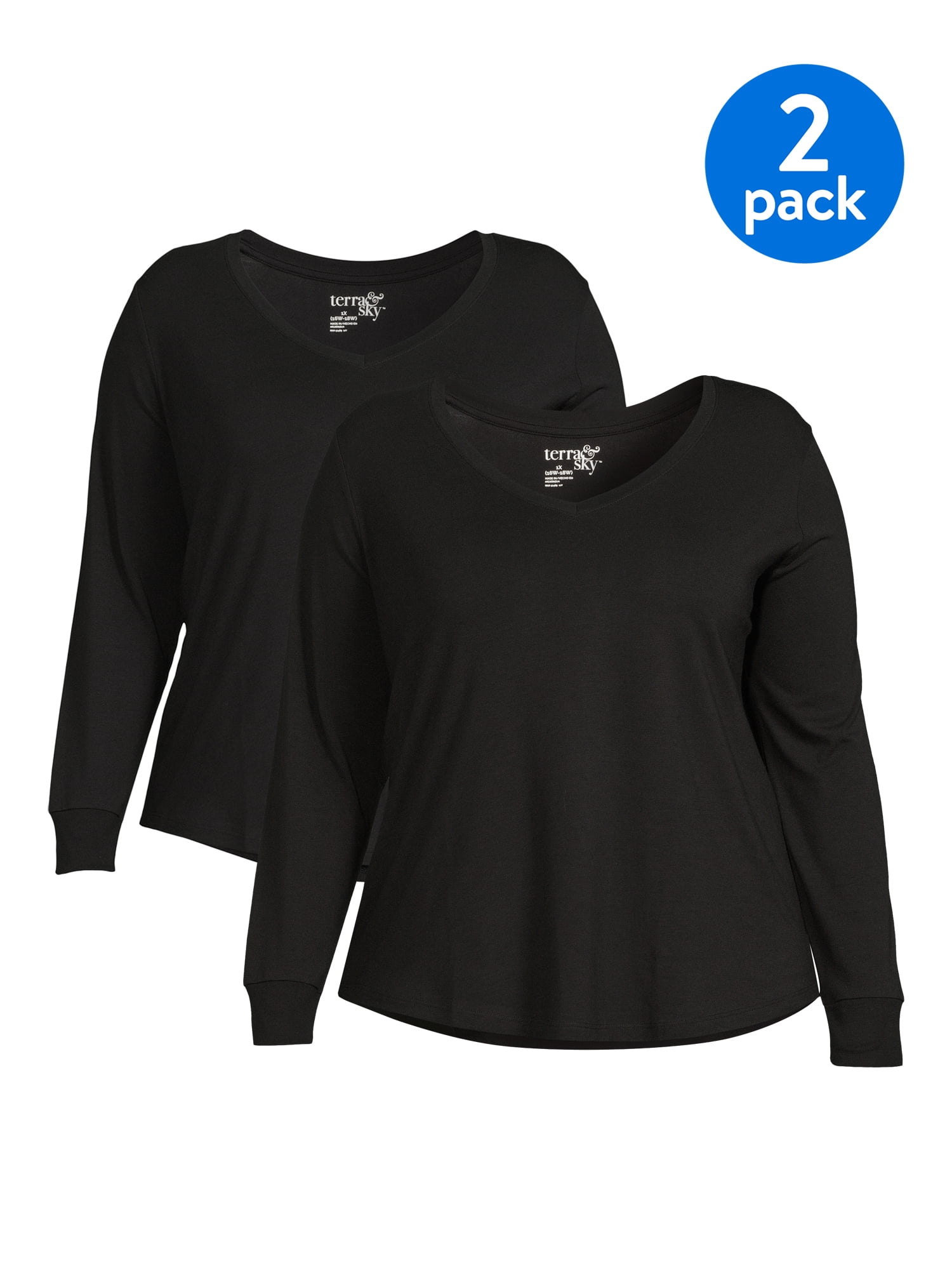 Terra & Sky Women's Plus Size V-Neck T-Shirt with Long Sleeves, 2-Pack ...