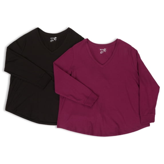 Terra & Sky Women's Plus Size V-Neck T-Shirt with Long Sleeves, 2-Pack