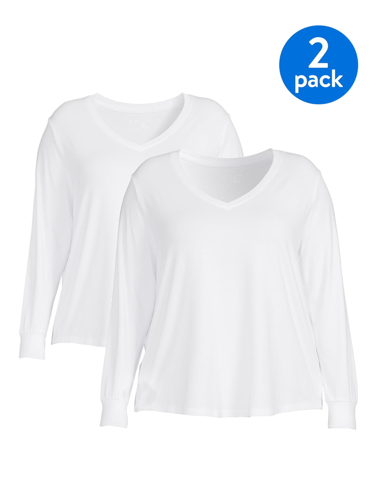 Terra & Sky Women's Plus Size V-Neck T-Shirt with Long Sleeves, 2-Pack