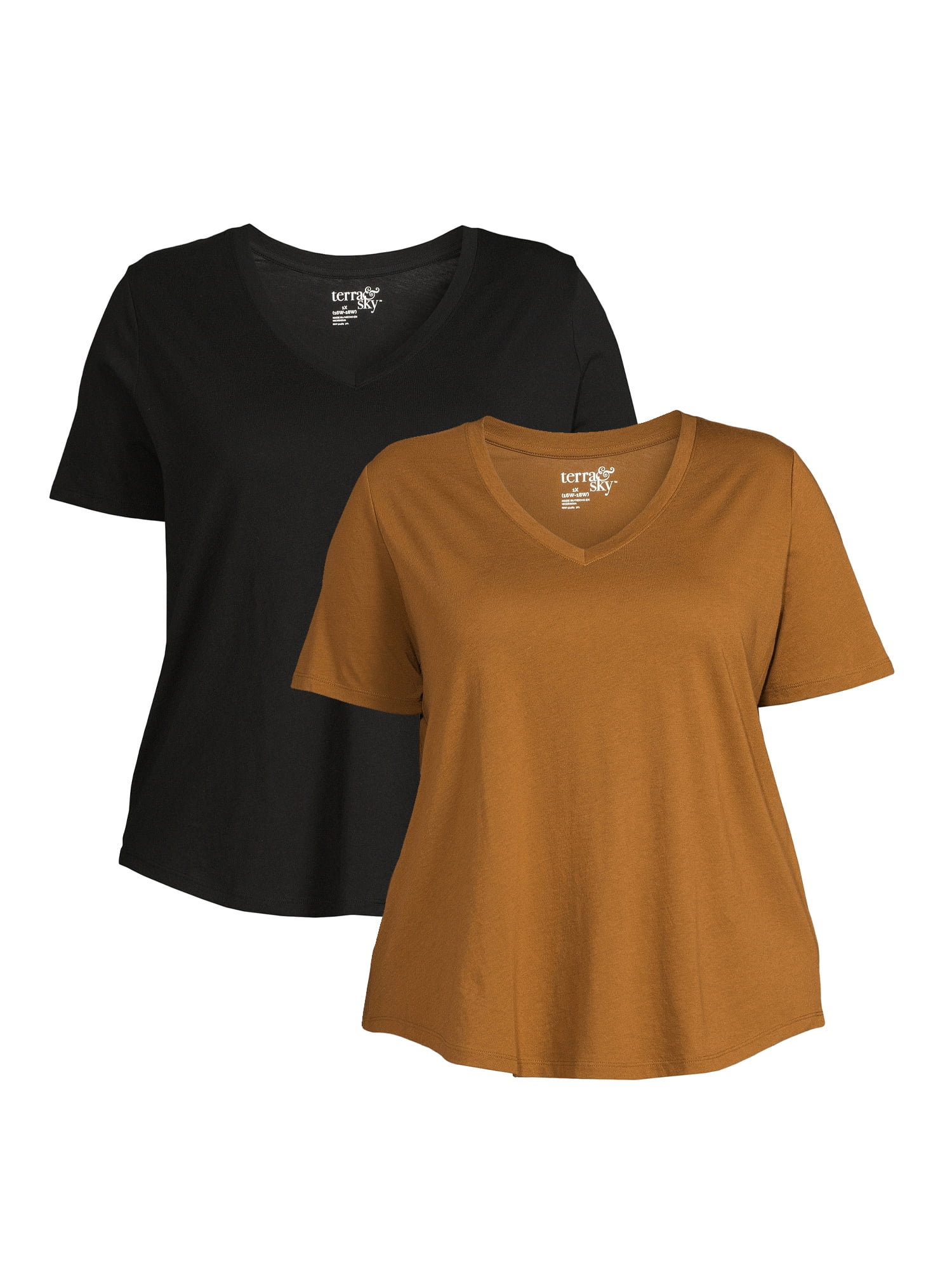 Terra & Sky Women's Plus Size V-Neck T-Shirt with Short Sleeves, 2-Pack 