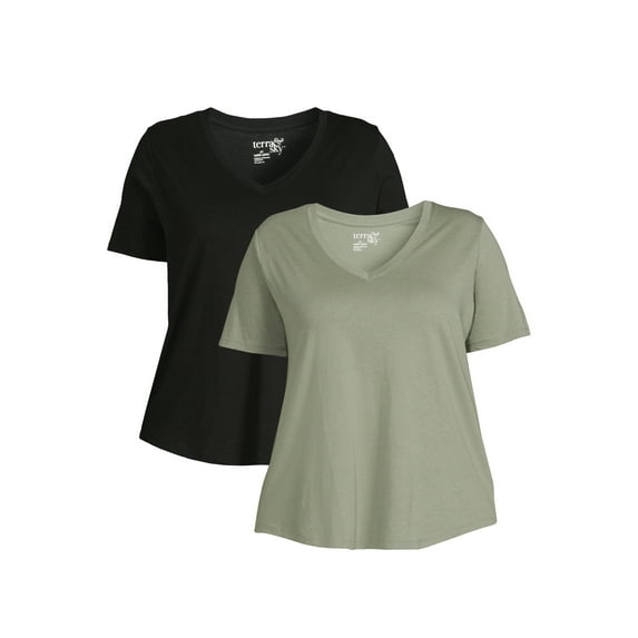 Terra & Sky Women's Plus Size V-Neck T-Shirt with Short Sleeves, 2-Pack