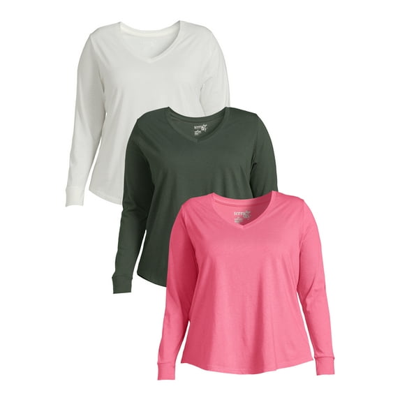 Terra & Sky Women's Plus Size V-Neck Tee with Long Sleeves, 3-Pack