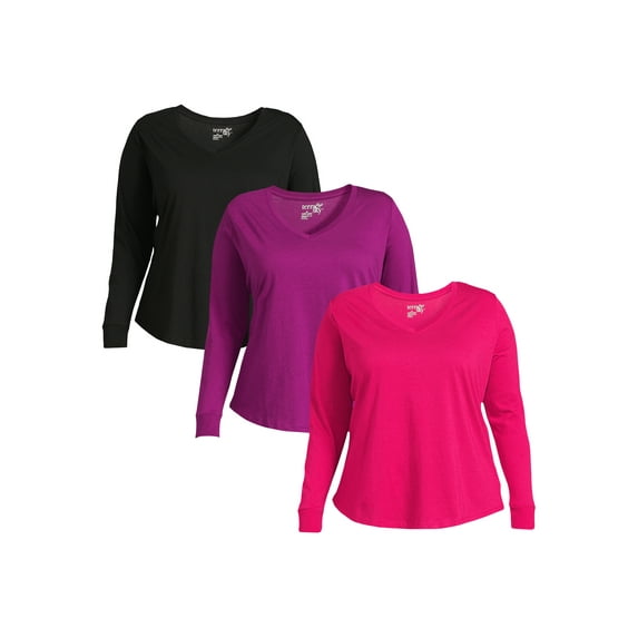 Terra & Sky Women's Plus Size V-Neck Tee with Long Sleeves, 3-Pack