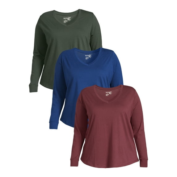 Terra & Sky Women's Plus Size V-Neck Tee with Long Sleeves, 3-Pack