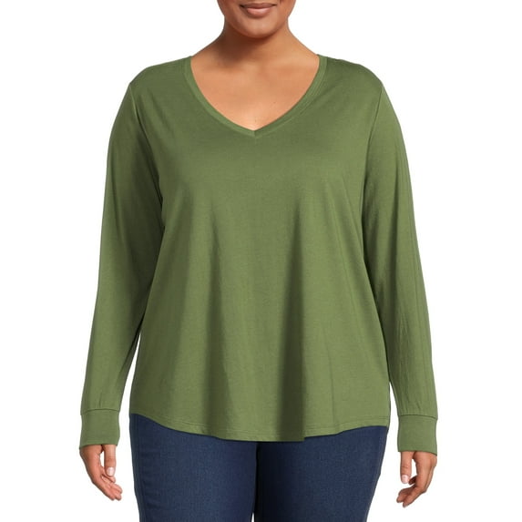 Terra & Sky Women's Plus Size V-Neck Tee with Long Sleeves