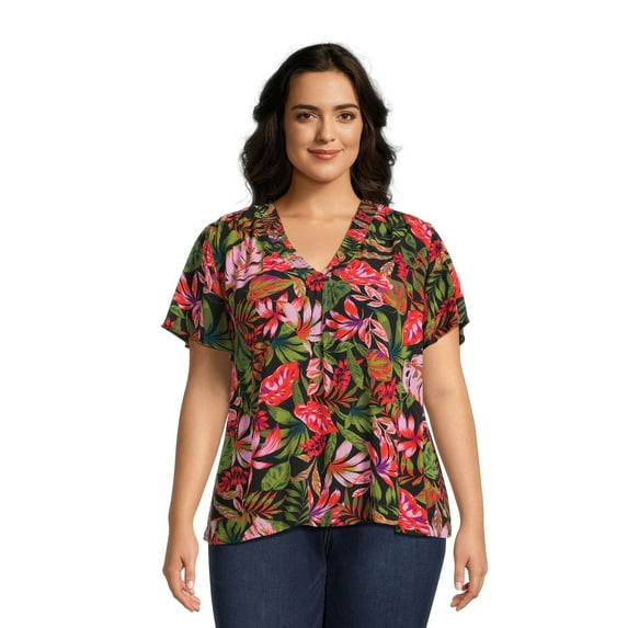 Terra & Sky Women's Plus Size V-Neck Top with Flutter Sleeves