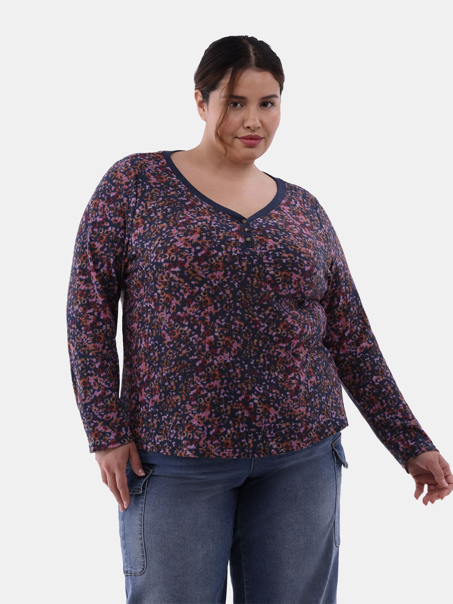Terra & Sky Women's Plus Thermal Henley Top, Available in 1 and 2-Pack, Sizes 0X-5X