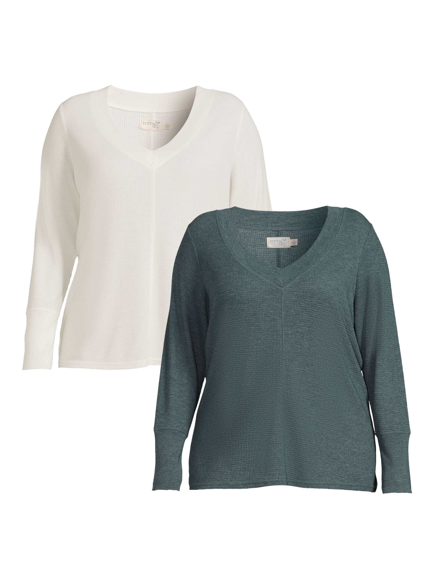 Terra & Sky Women’s Plus Size Waffle V-Neck Tee, 2-Pack
