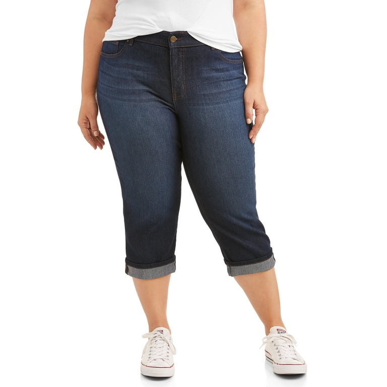 Terra & Sky Women's Plus Size Wide Cuffed Comfort Waist Capri Jean