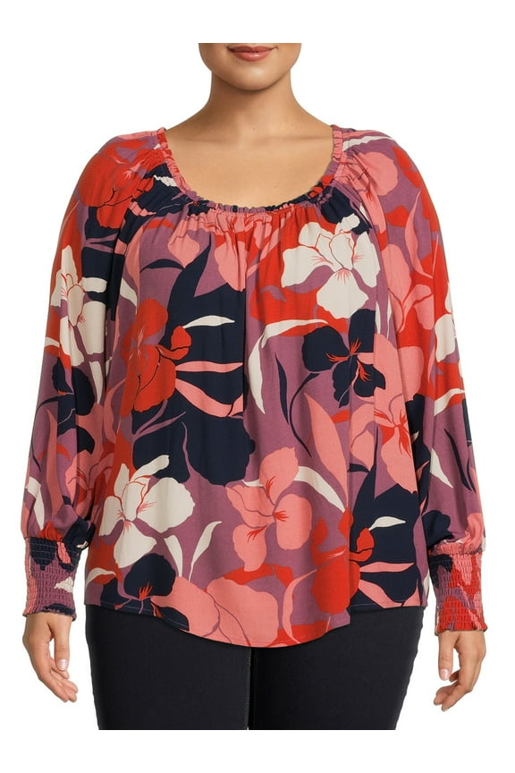 Women's Plus Size Woven Top Smocked Cuffs