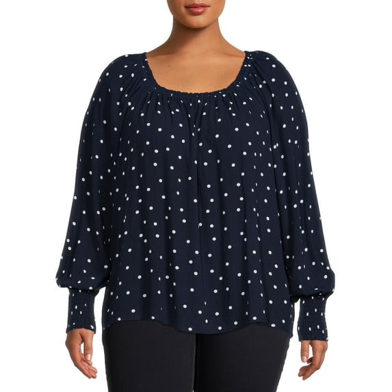 Terra & Sky Women's Plus Size Woven Top Smocked Cuffs