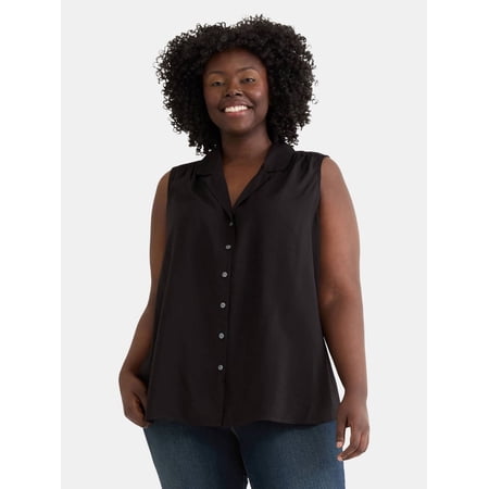 Terra & Sky Women's Plus Sleeveless Camp Shirt, Sizes 0X-5X