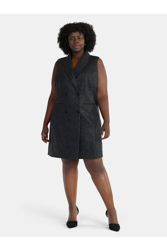 Women’s Plus Sleeveless Faux Leather Blazer Dress, Sizes 0X-5X