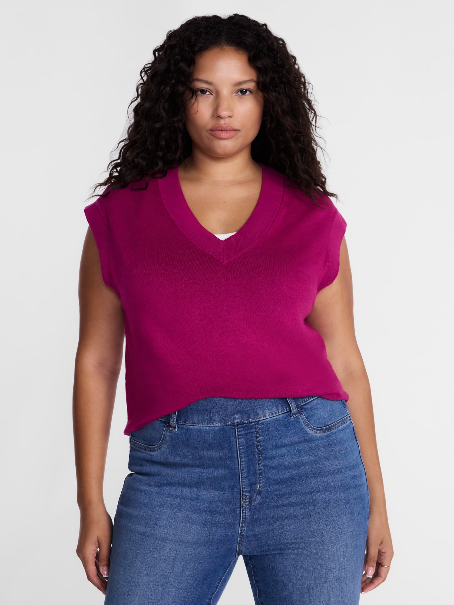Terra & Sky Women's Plus Ribbed Sleeveless V Neck Sweater Top, Sizes 0X-5X