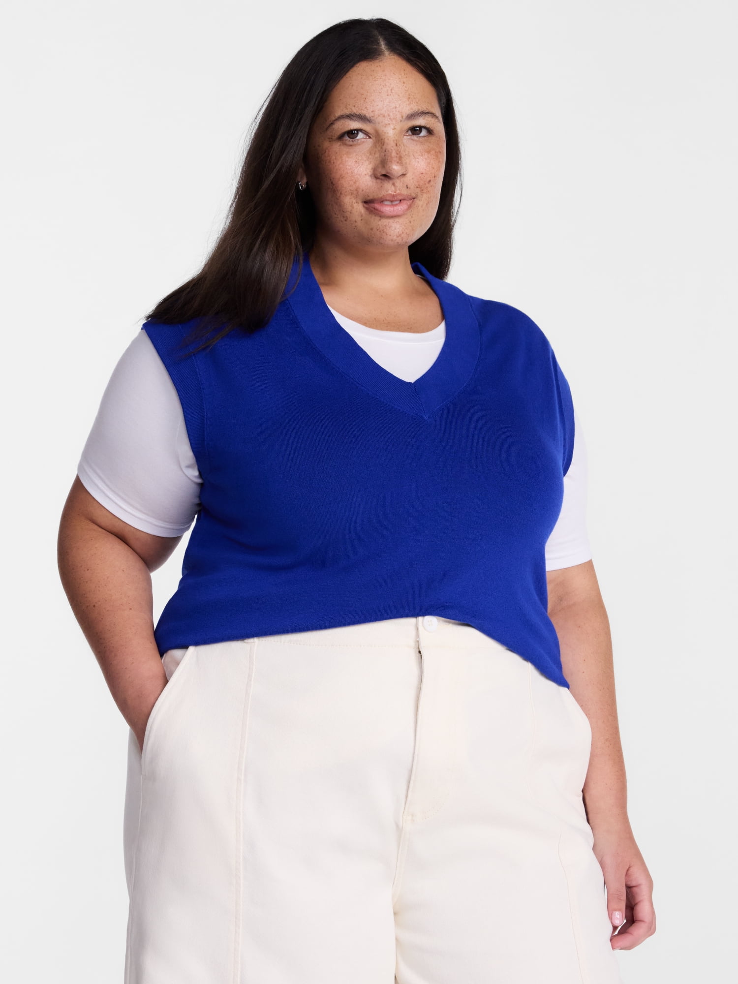 Terra & Sky Women's Plus Ribbed Sleeveless V Neck Sweater Top, Sizes 0X-5X
