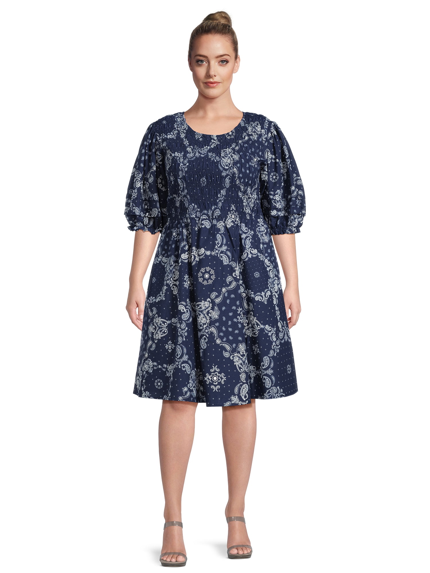 Terra Sky Women s Plus Smocked Dress with Puff Sleeves Walmart