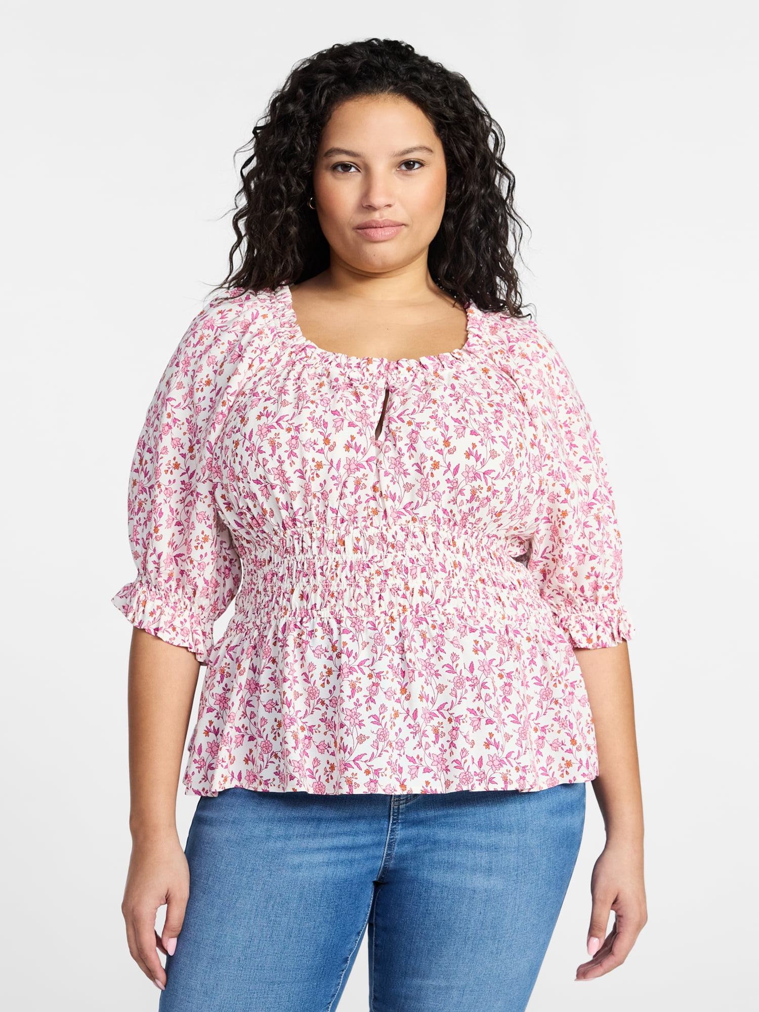 Terra & Sky Women’s Plus Smocked Waist Blouse, Sizes 0X-5X