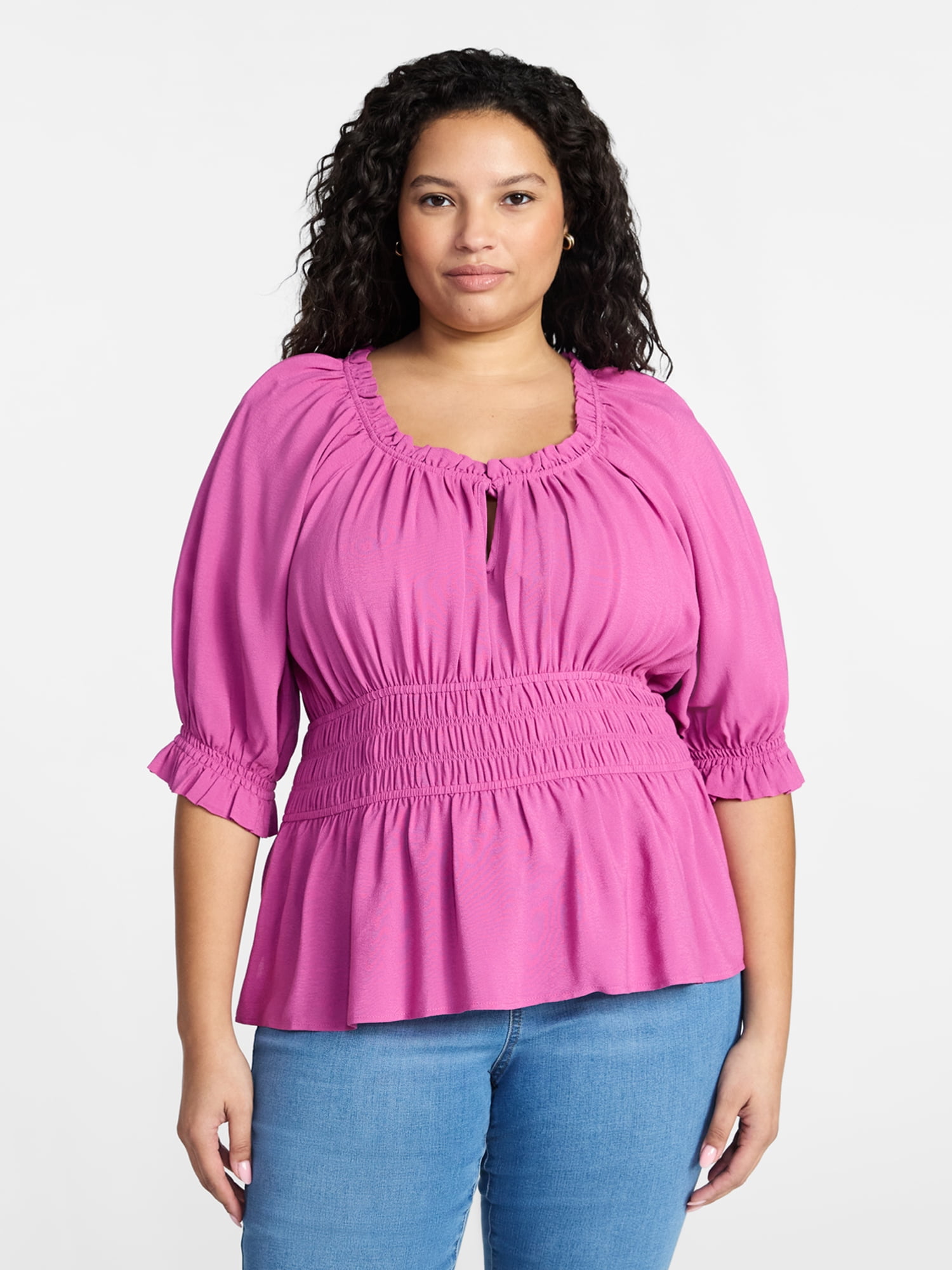 Terra & Sky Women’s Plus Smocked Waist Blouse, Sizes 0X-5X