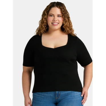 Terra & Sky Women's Plus Size Ribbed Sweetheart Sweater with Short Sleeves, Lightweight, Sizes 0X-5X