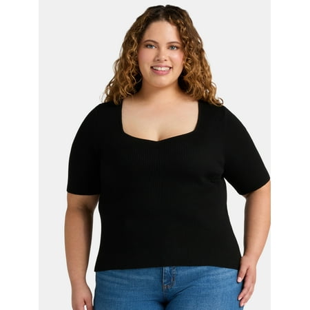 Terra & Sky Women's Plus Size Ribbed Sweetheart Sweater with Short Sleeves, Lightweight, Sizes 0X-5X