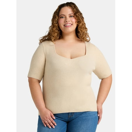 Terra & Sky Women's Plus Size Ribbed Sweetheart Sweater with Short Sleeves, Lightweight, Sizes 0X-5X