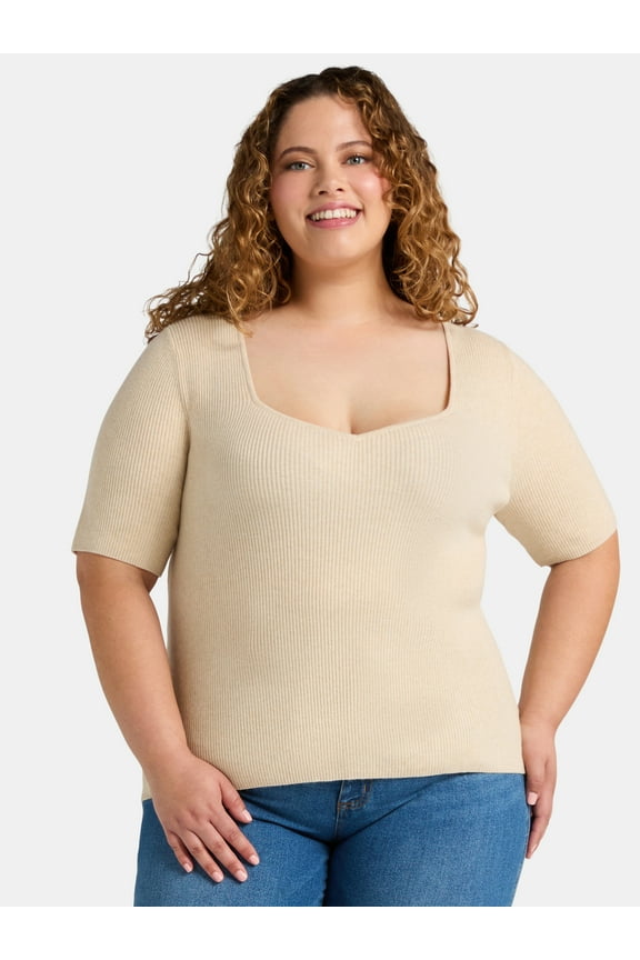 Women's Plus Size Ribbed Sweetheart Sweater with Short Sleeves, Lightweight, Sizes 0X-5X