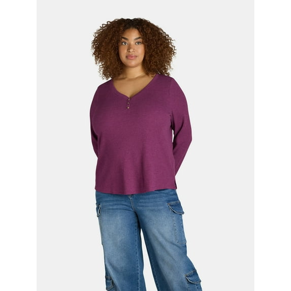 Terra & Sky Women's Plus Thermal Henley Top, Available in 1 and 2-Pack, Sizes 0X-5X