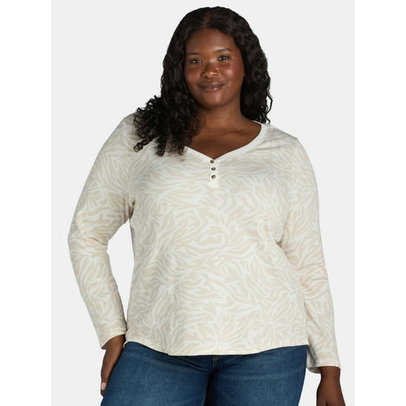 Terra & Sky Women's Plus Thermal Henley Top, Available in 1 and 2-Pack, Sizes 0X-5X