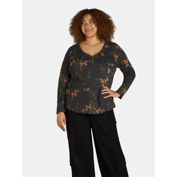 Terra & Sky Women's Plus Thermal Henley Top, Available in 1 and 2-Pack, Sizes 0X-5X