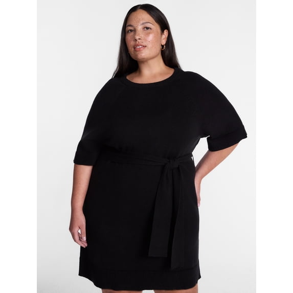 Terra & Sky Women's Plus Tie Waist Mini Sweater Dress with Short Sleeves, Sizes 0X-5X
