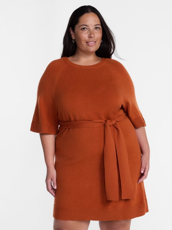 Women's Plus Tie Waist Mini Sweater Dress with Short Sleeves, Sizes 0X-5X