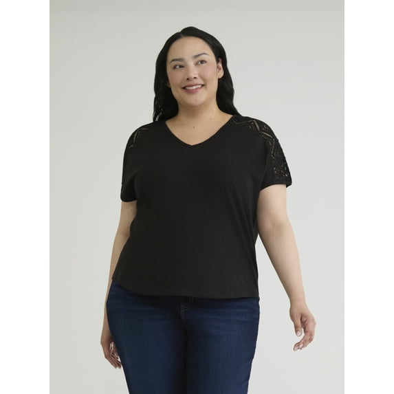 Terra & Sky Women's Plus V-Neck Crochet Dolman Cotton Tee, Sizes 0X-5X