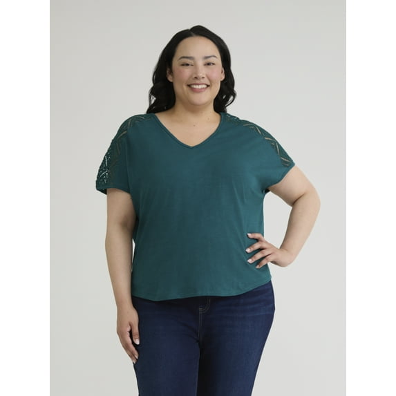 Terra & Sky Women's Plus V-Neck Crochet Dolman Cotton Tee, Sizes 0X-5X