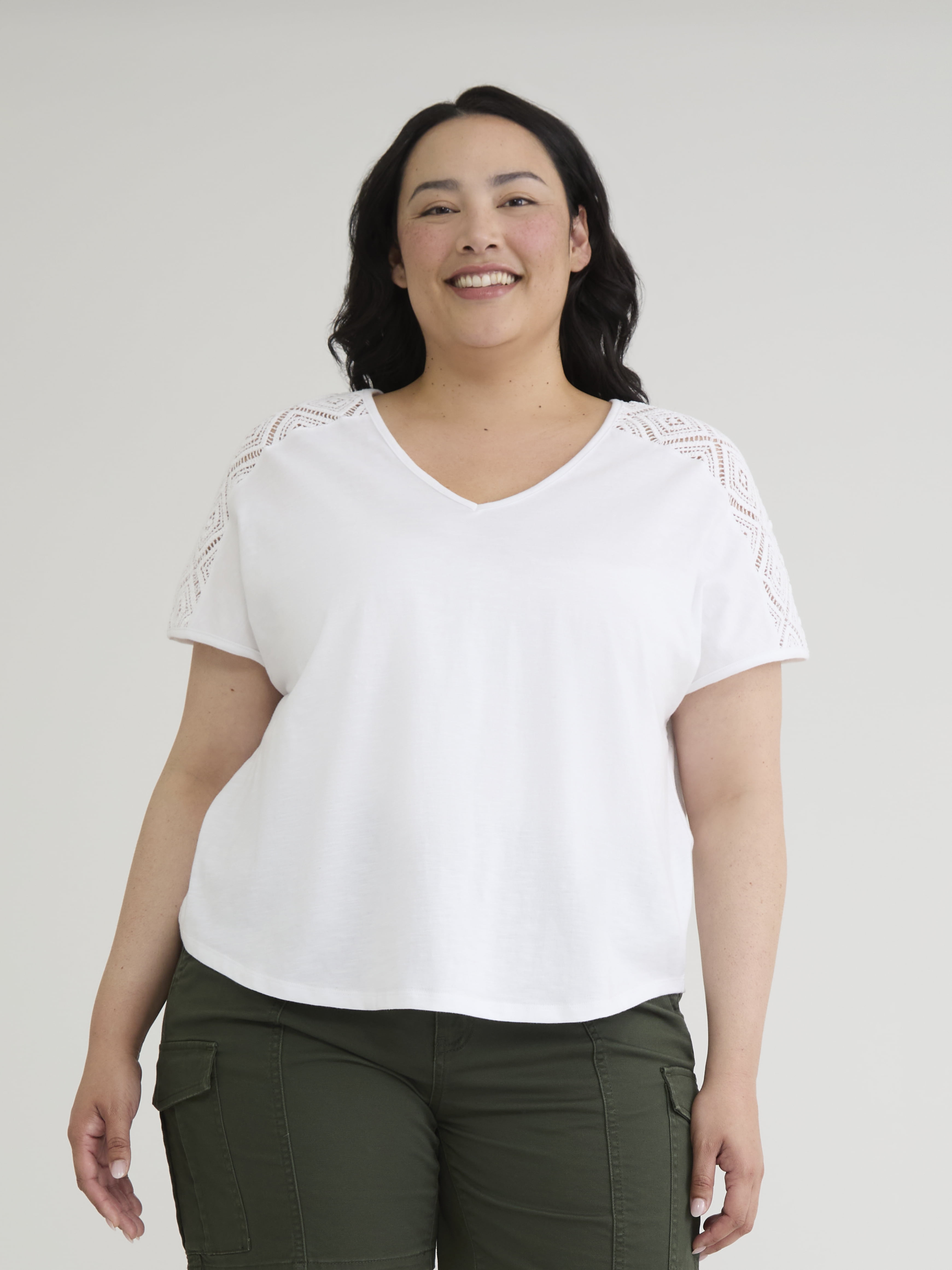 Terra & Sky Women's Plus V-Neck Crochet Dolman Cotton Tee, Sizes 0X-5X