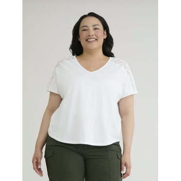 Terra & Sky Women's Plus V-Neck Crochet Dolman Cotton Tee, Sizes 0X-5X