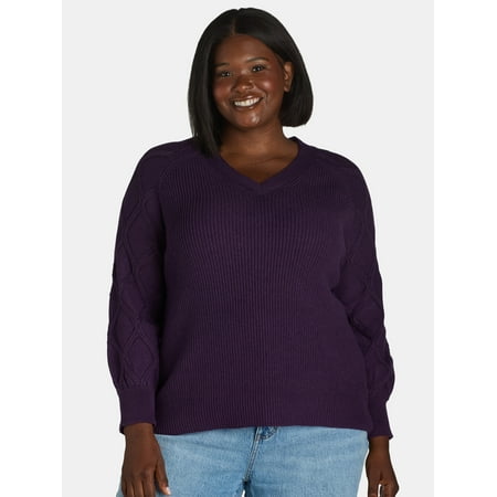 Terra & Sky Women's Plus V-Neck Pointelle Knit Sweater, Midweight, Sizes 1X-5X