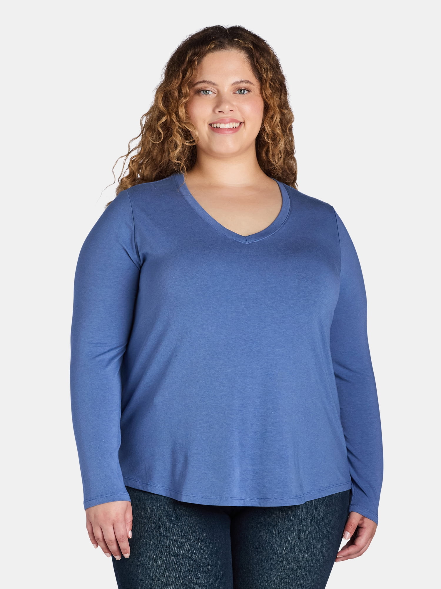 Terra & Sky Women’s Plus V Neck Tee with Long Sleeves, Available in 1 and 3-Packs, Sizes 0X-5X