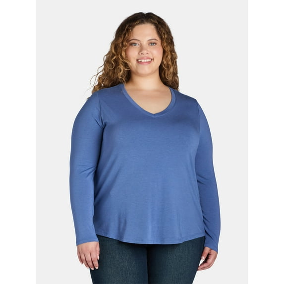 Terra & Sky Women’s Plus V Neck Tee with Long Sleeves, Available in 1 and 3-Packs, Sizes 0X-5X