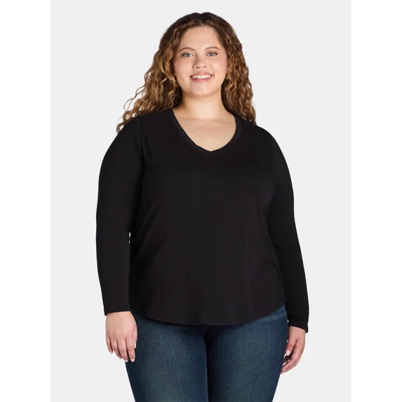 Terra & Sky Women’s Plus V Neck Tee with Long Sleeves, Available in 1 and 3-Packs, Sizes 0X-5X