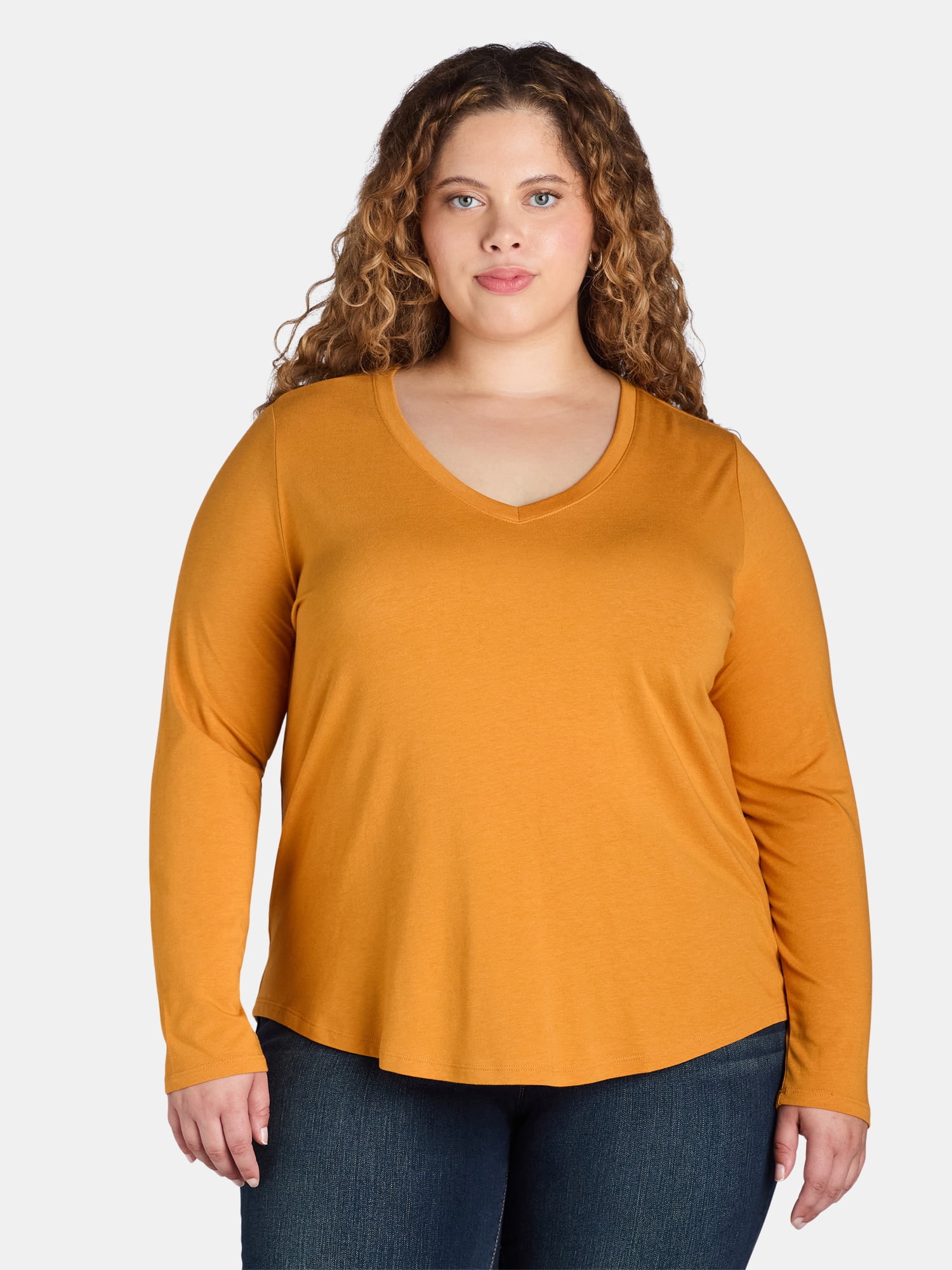 Terra & Sky Women’s Plus V Neck Tee with Long Sleeves, Available in 1 and 3-Packs, Sizes 0X-5X