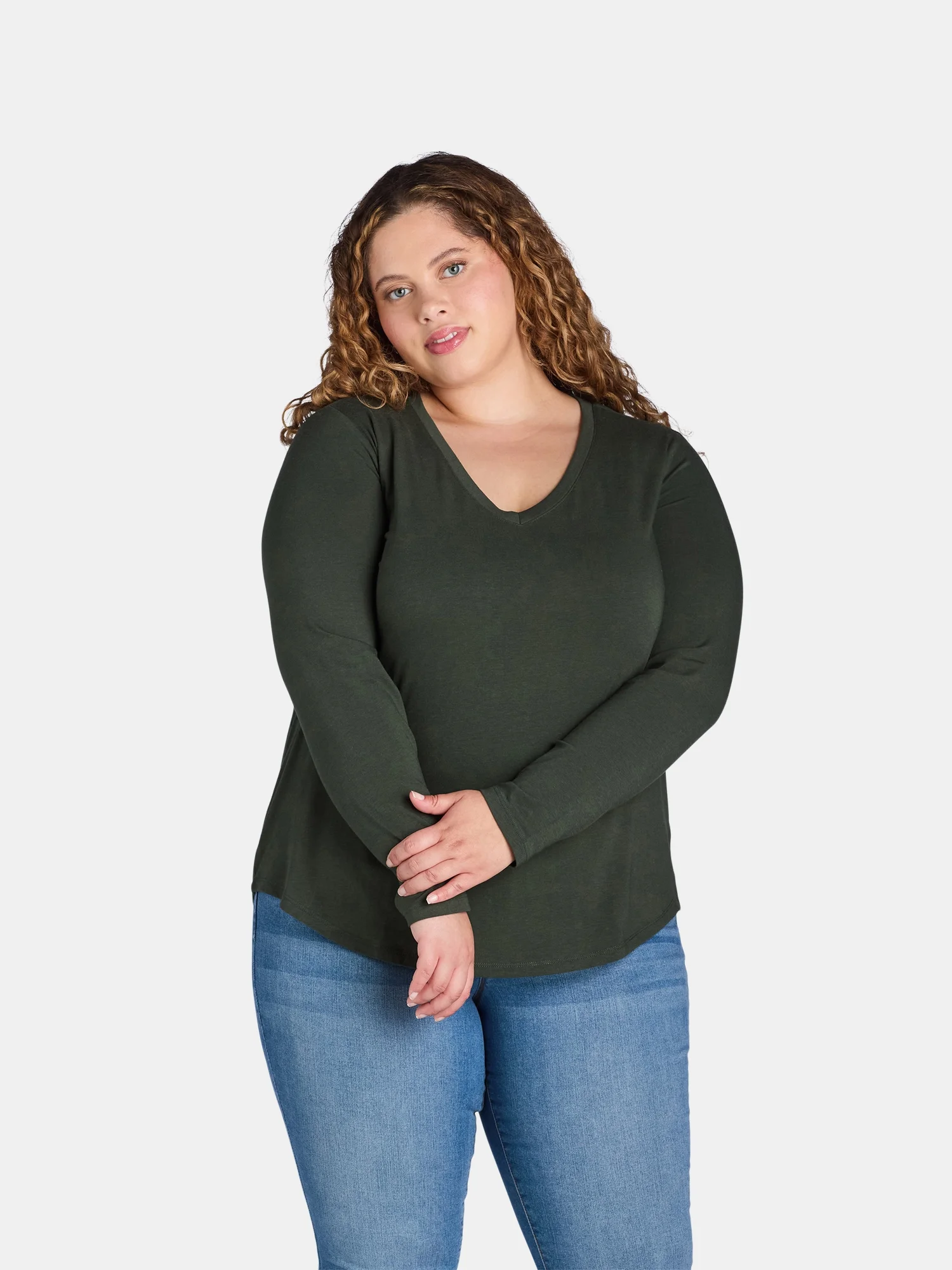 Terra & Sky Women’s Plus Size Long Sleeve V Neck, Sizes 0X-5X
