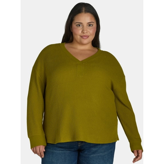 Terra & Sky Women’s Plus Waffle V Neck Henley Top, Sizes 0X-5X